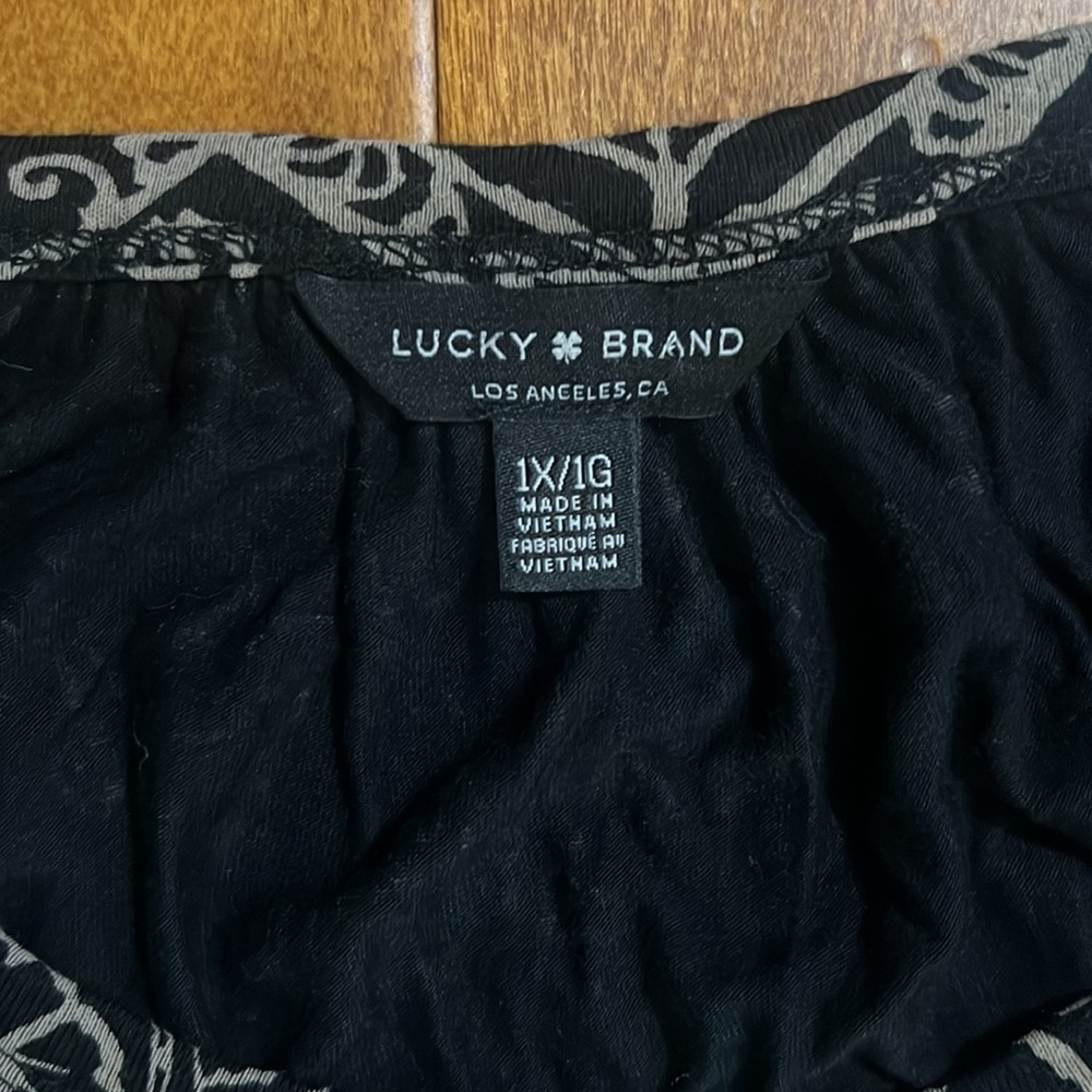 Lucky Brand Black & Tan Boho Peasant Blouse Size 1X 3/4 Sleeve Keyhole Festival - Picture 3 of 12